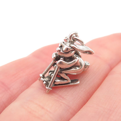 925 Sterling Silver Vintage Ski Bunny Oxidized 3D Mini Charm Pendant