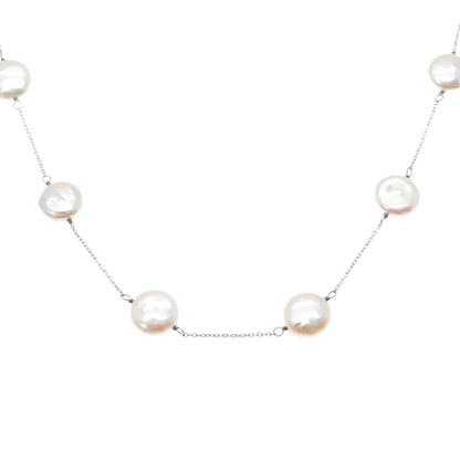 925 Sterling Silver Vintage Real Pearl Station Cable Chain Necklace 18"