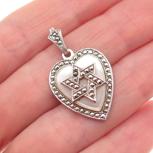 925 Sterling Antique Art Deco Real MOP & Marcasite Star of David Heart Pendant