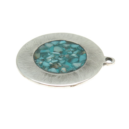 925 Sterling Silver Vintage Real Turquoise Inlay Round Pendant