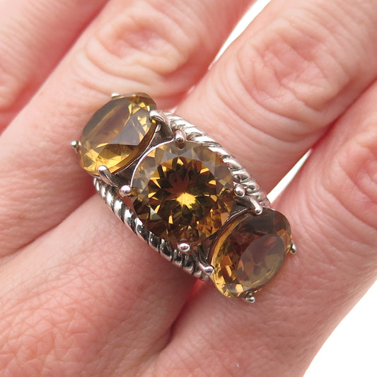 925 Sterling Silver Vintage Real Round-Cut Smoky Quartz Ring Size 6