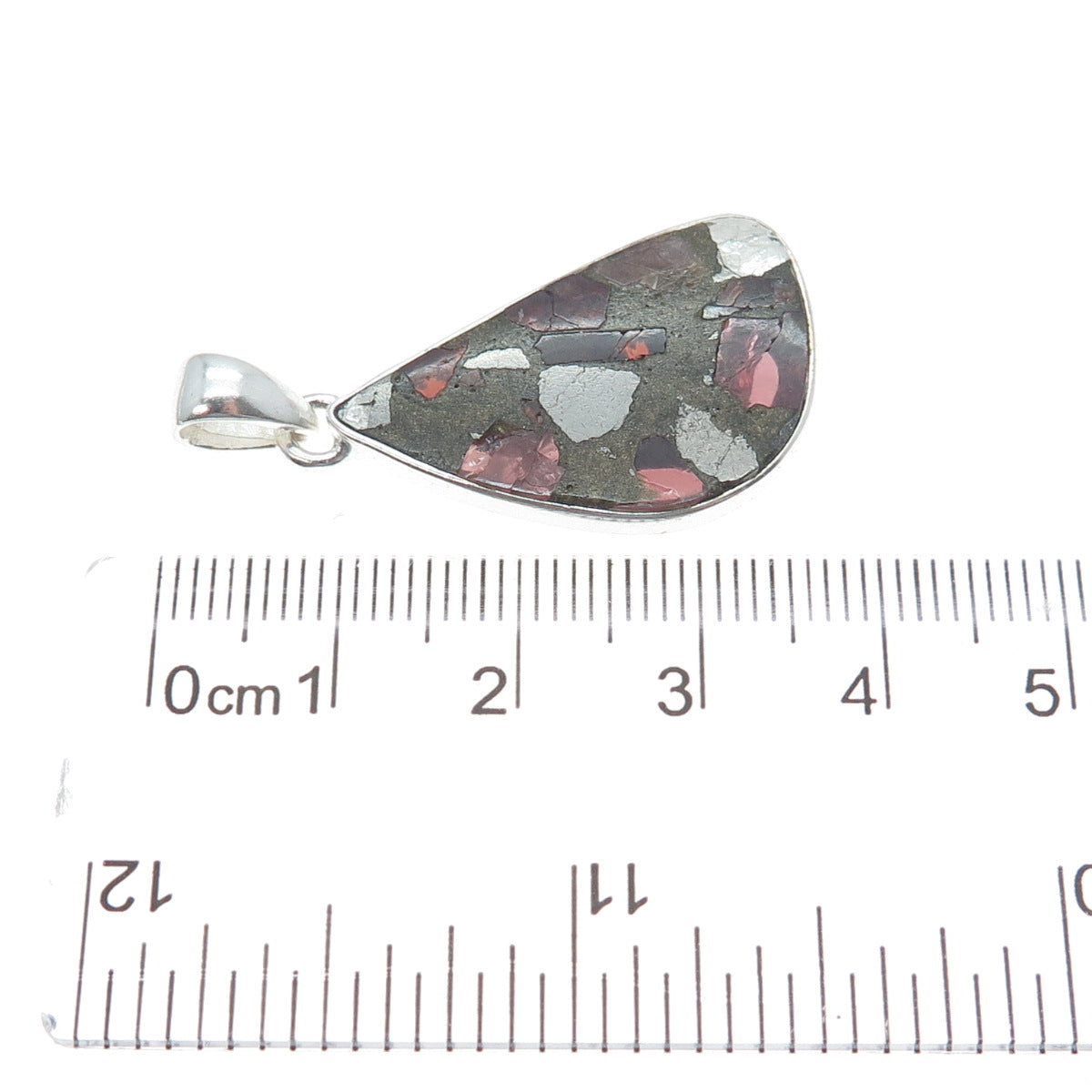 925 Sterling Vintage Real Pyrite Tourmaline & Red Garnet Inlay Modernist Pendant
