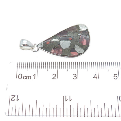925 Sterling Vintage Real Pyrite Tourmaline & Red Garnet Inlay Modernist Pendant