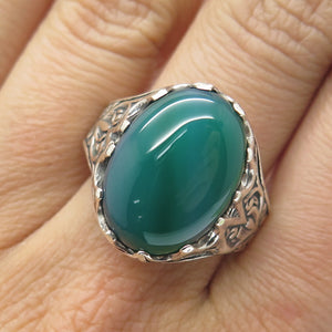 925 Sterling Silver Vintage Green Agate Flower Oxidized Ring Size 11.5