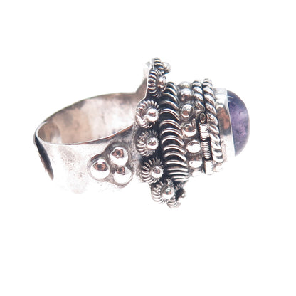 925 Sterling Silver Vintage Mexico Real Amethyst Adjustable Poison Ring Size 7