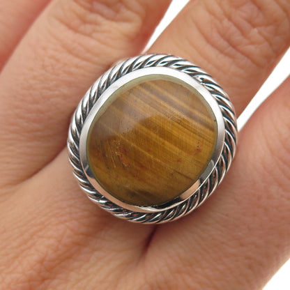 925 Sterling Silver Vintage Real Cabochon Tiger Eye Oxidized Ring Size 8