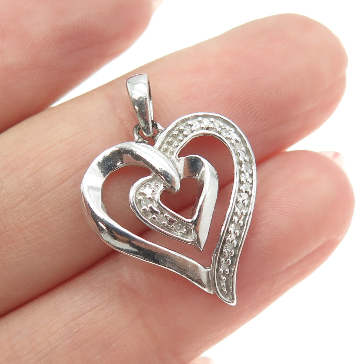 925 Sterling Silver Real Round-Cut Diamond Double Heart Pendant