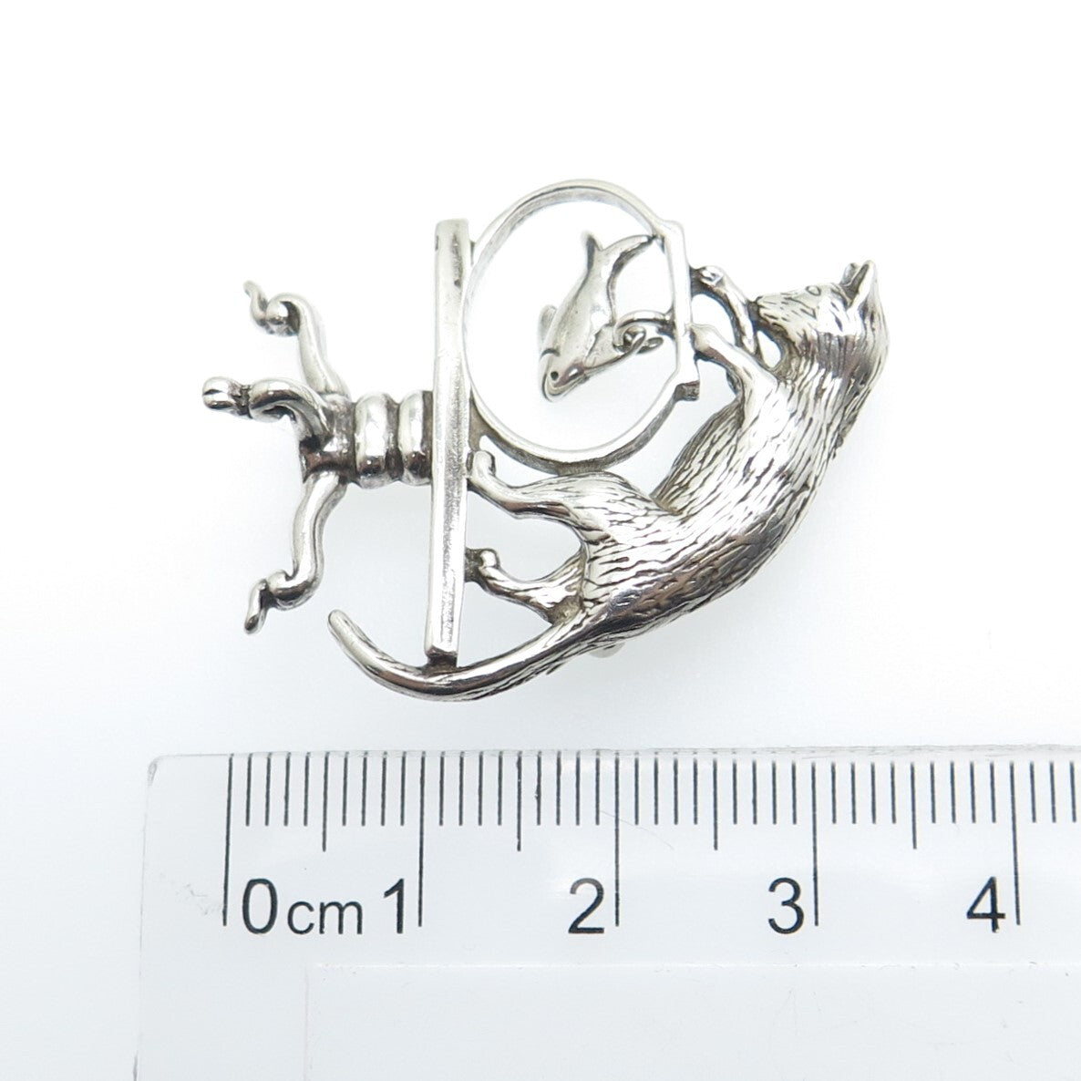 JEZLAINE 925 Sterling Silver Vintage Playing Cat w/ Fish Oxidized Pin Brooch