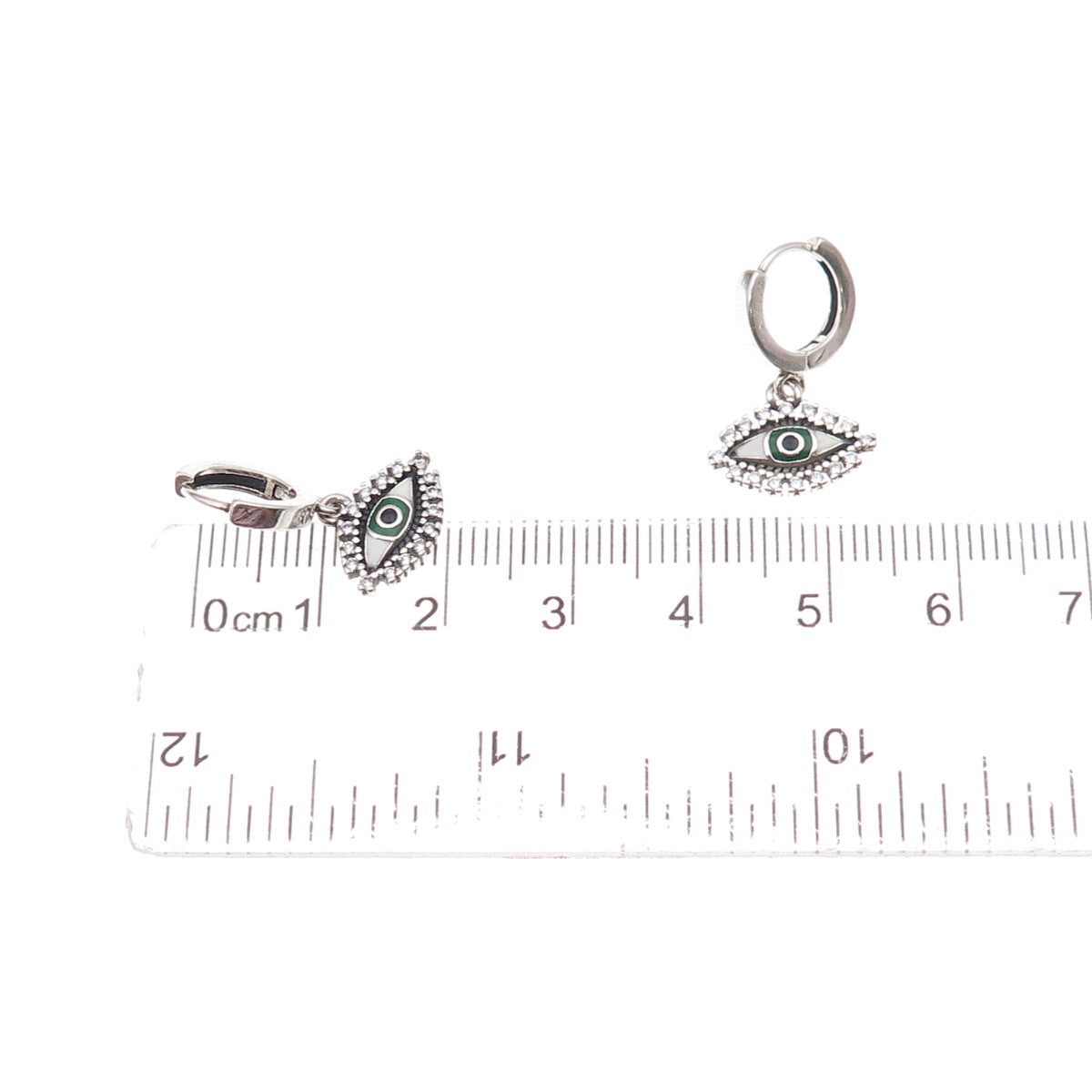 925 Sterling Silver Enamel & C Z Evil Eye Dangle Charm Hoop Earrings