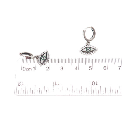 925 Sterling Silver Enamel & C Z Evil Eye Dangle Charm Hoop Earrings