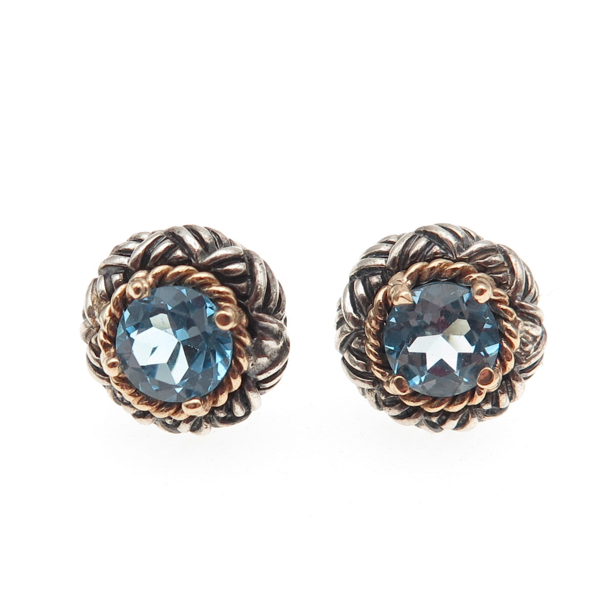 925 Sterling Silver 14K Gold Vintage Real Blue Topaz Oxidized Stud Earrings
