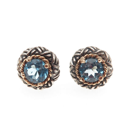 925 Sterling Silver 14K Gold Vintage Real Blue Topaz Oxidized Stud Earrings