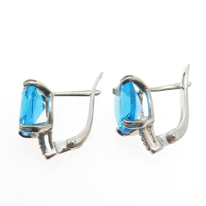 925 Sterling Silver Vintage European Oval-Cut Blue & White C Z Earrings