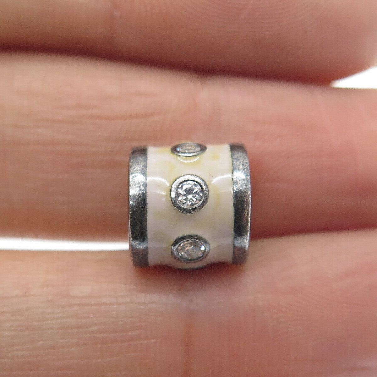 PANDORA 925 Sterling Silver Round-Cut Shaped C Z Cream Enamel Barrel Bead Charm