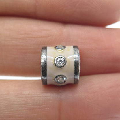 PANDORA 925 Sterling Silver Round-Cut Shaped C Z Cream Enamel Barrel Bead Charm