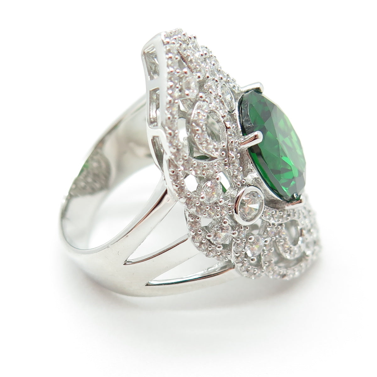 925 Sterling Silver Nano Emerald & Round-Cut C Z Ring Size 8