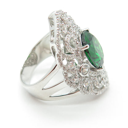 925 Sterling Silver Nano Emerald & Round-Cut C Z Ring Size 8