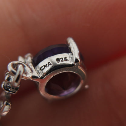 925 Sterling Silver Real Diamond & Amethyst Floral Leaf Dangle Earrings