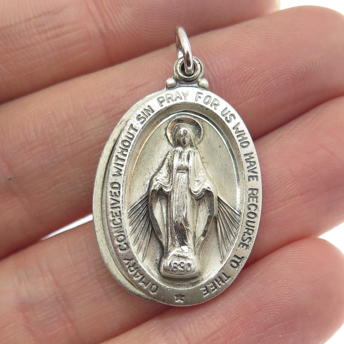 THEDA Sterling Silver Vintage St. Mary Miraculous Slide Medal Religious Pendant