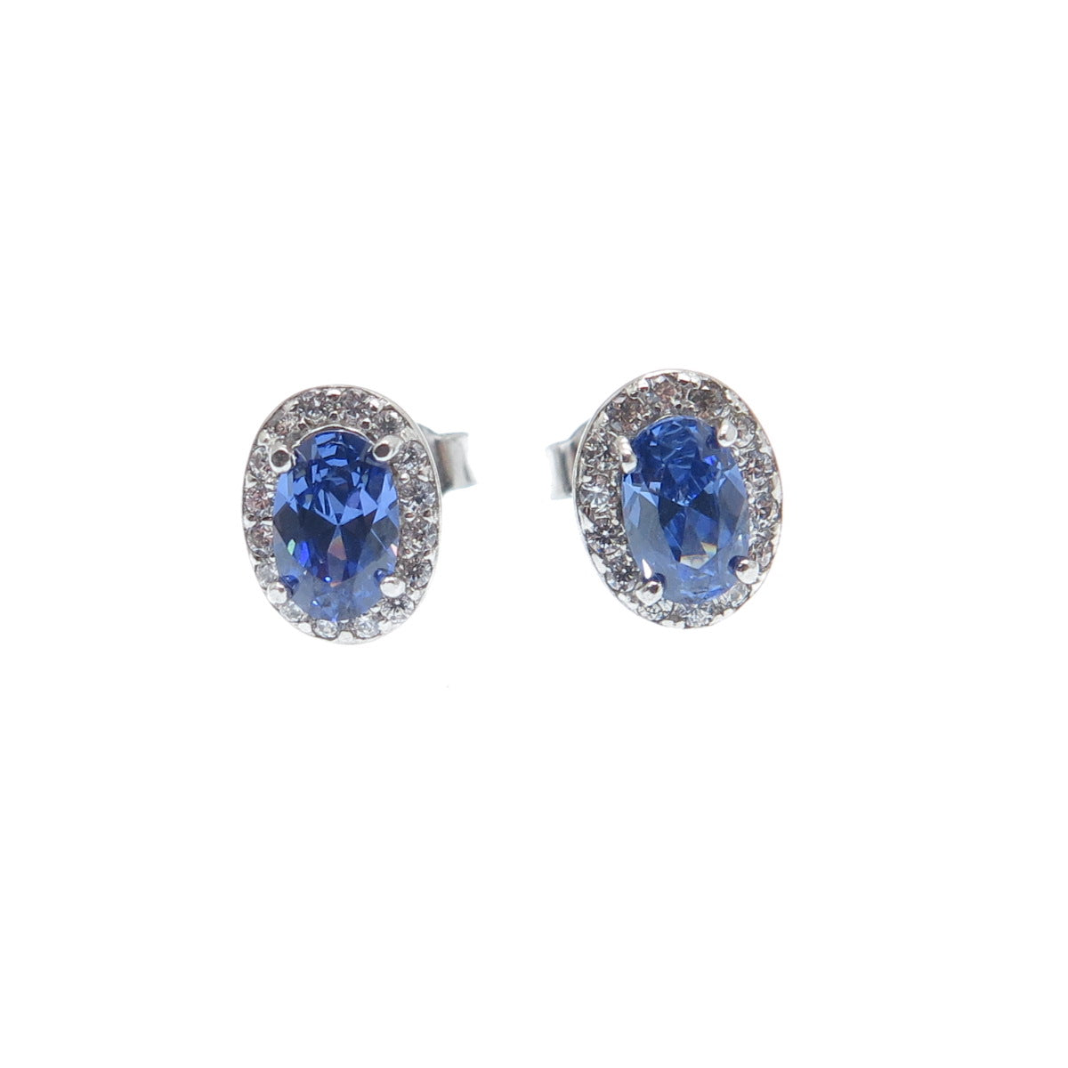 925 Sterling Silver Oval & Round-Cut Blue White C Z Stud Earrings