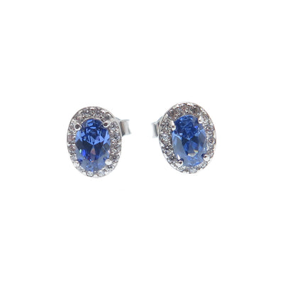 925 Sterling Silver Oval & Round-Cut Blue White C Z Stud Earrings