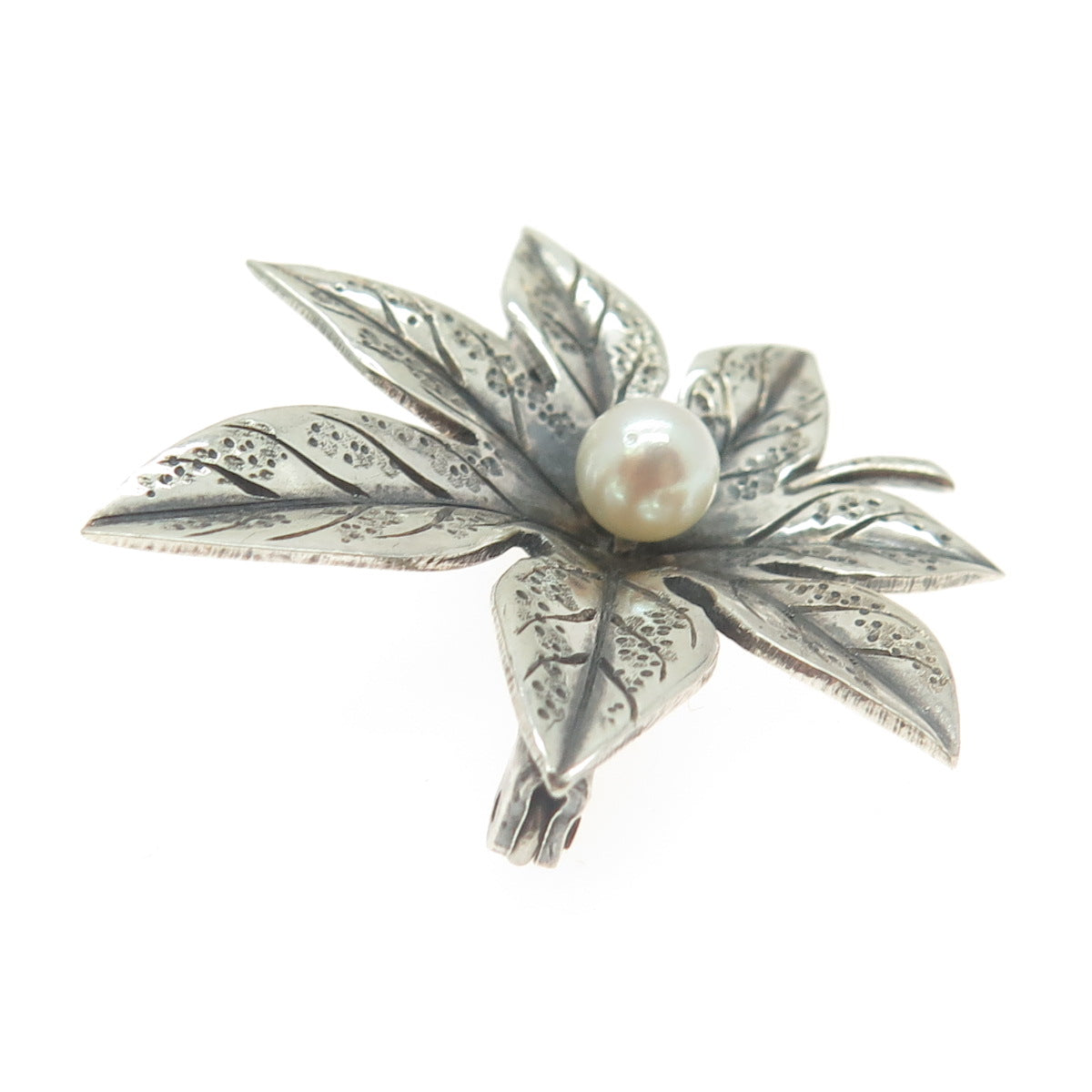 925 Sterling Silver Vintage Real Pearl Floral Pin Brooch