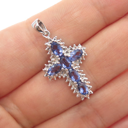 925 Sterling Silver Real Oval-Cut Iolite Cross Charm Pendant