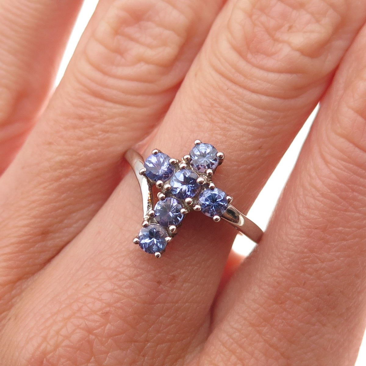 Chuck Clemency 925 Sterling Silver Real Round-Cut Tanzanite Cross Ring Size 7.25