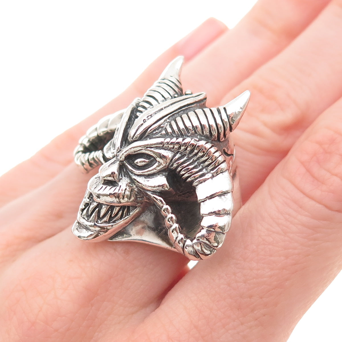 925 Sterling Silver Vintage Demon Skull Oxidized Adjustable Ring Size 9.5