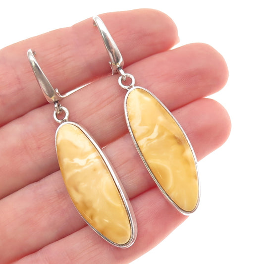 925 Sterling Silver Vintage Real Butterscotch Amber Modernist Dangle Earrings