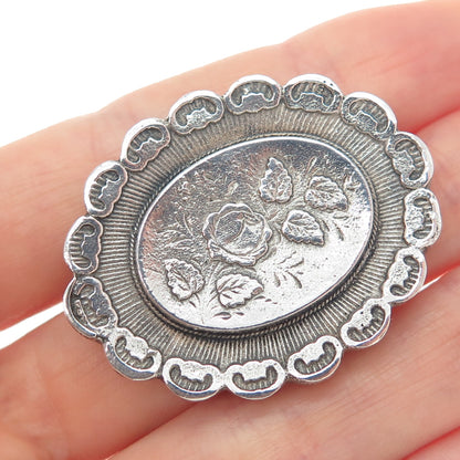 925 Sterling Silver Antique Art Deco Rose Flower Oxidized Pin Brooch
