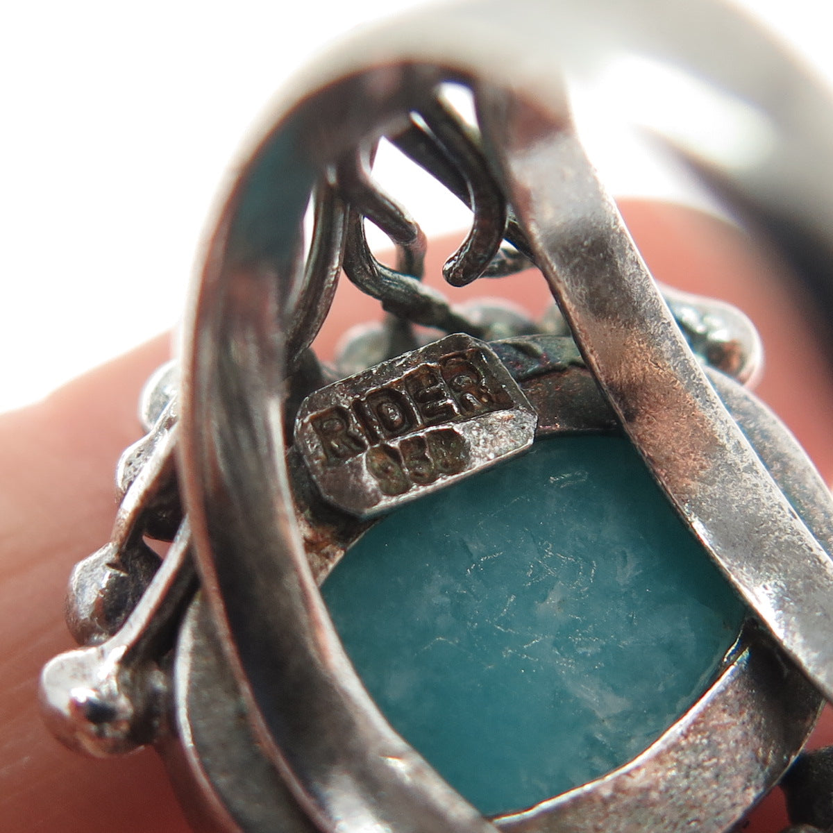 RIDER 950 Silver Vintage Real Amazonite Modernist Oxidized Ring Size 7.5