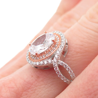 DSMK 925 Sterling Silver 2-Tone Oval & Round-Cut C Z Engagement Ring Size 7