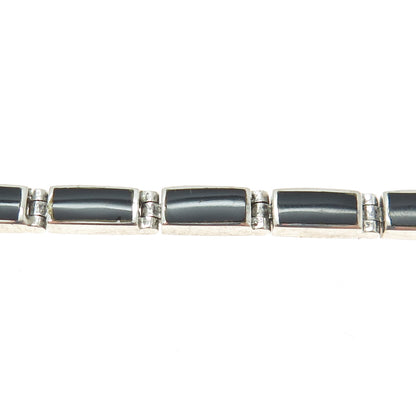 BOMA 925 Sterling Silver Vintage Real Black Onyx Bar Link Bracelet 7"