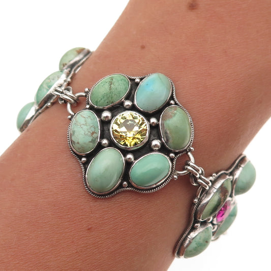925 Sterling Antique Real Turquoise & Lab-Created Multi-Sapphire Bracelet 6.75"