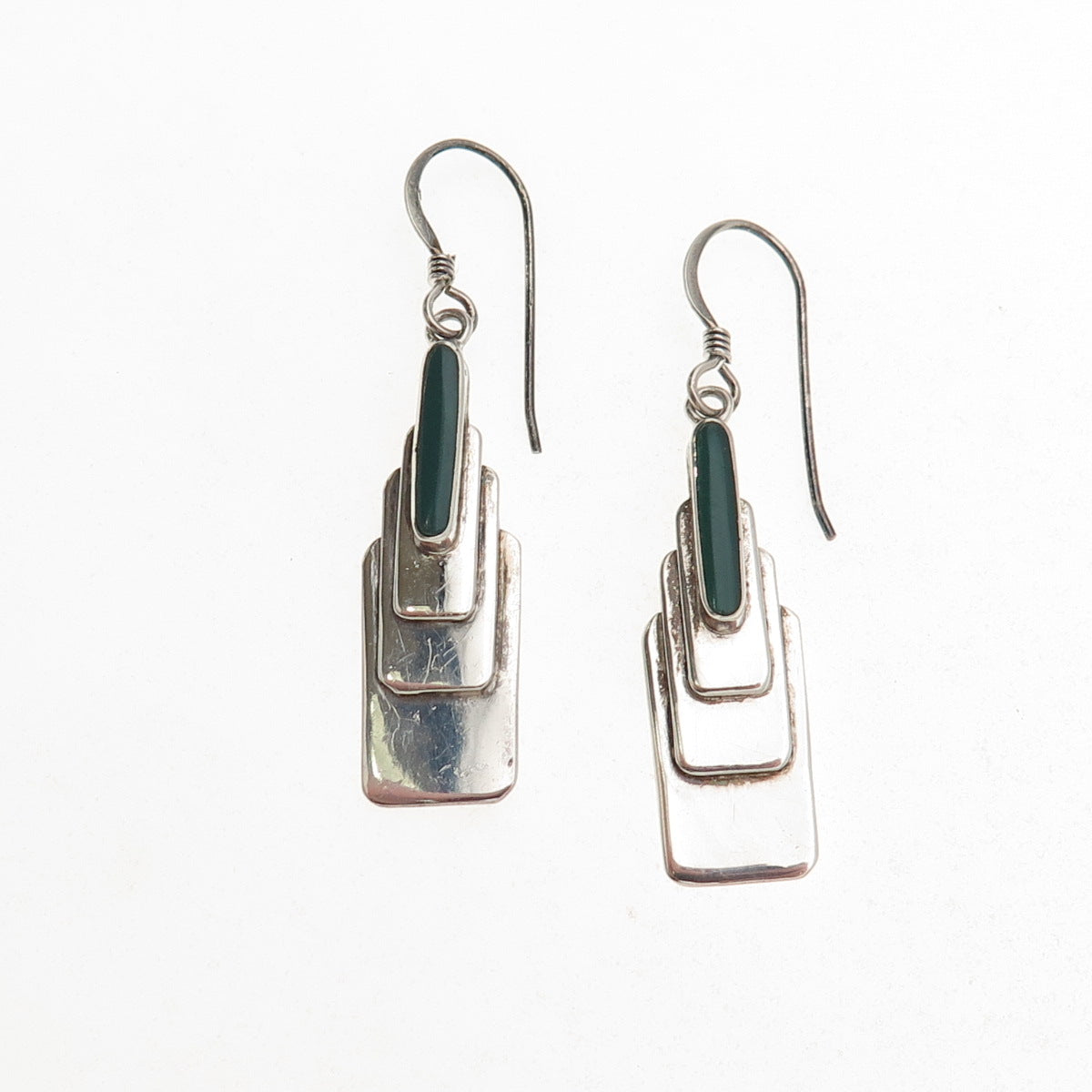 925 Sterling Silver Vintage Real Green Onyx Modernist Dangle Earrings