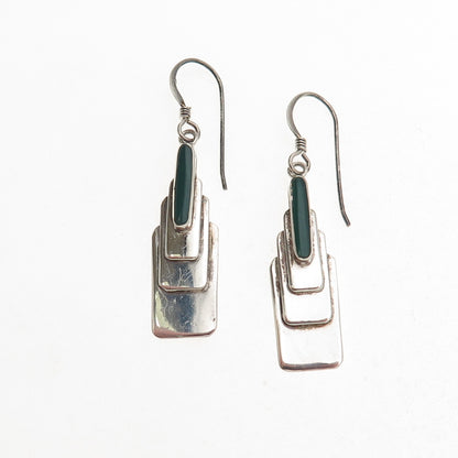 925 Sterling Silver Vintage Real Green Onyx Modernist Dangle Earrings