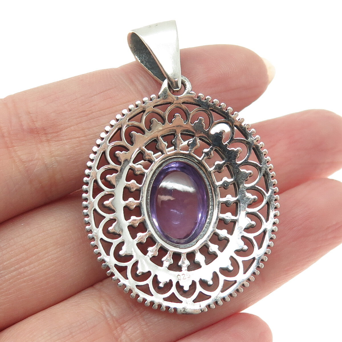 925 Sterling Silver Vintage Real Amethyst Granulated Floral Oxidized Pendant