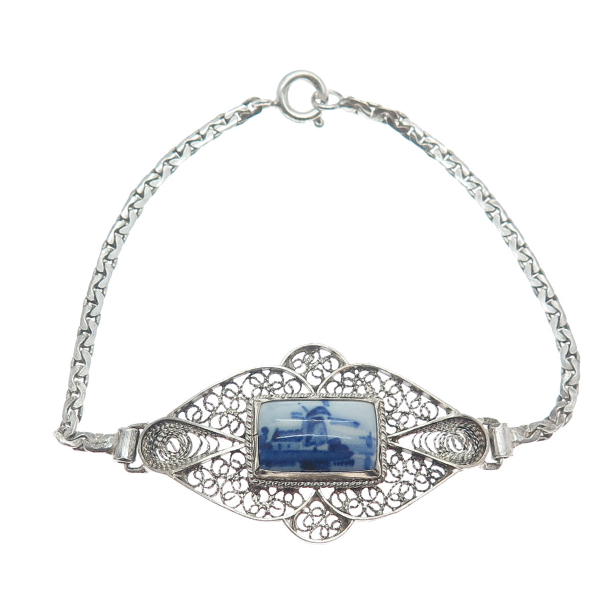 DELFT 835 Silver Vintage Dutch Ceramic Old Windmill Filigree Bracelet 6.75"