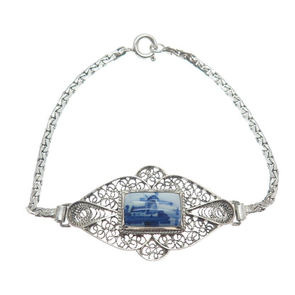 DELFT 835 Silver Vintage Dutch Ceramic Old Windmill Filigree Bracelet 6.75"