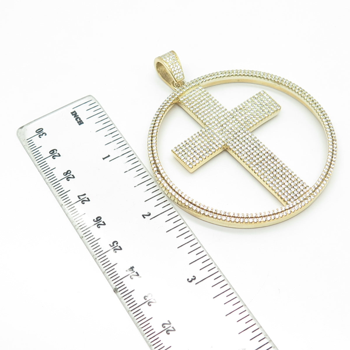 925 Sterling Silver Gold Plated Round-Cut White C Z Cross Pendant