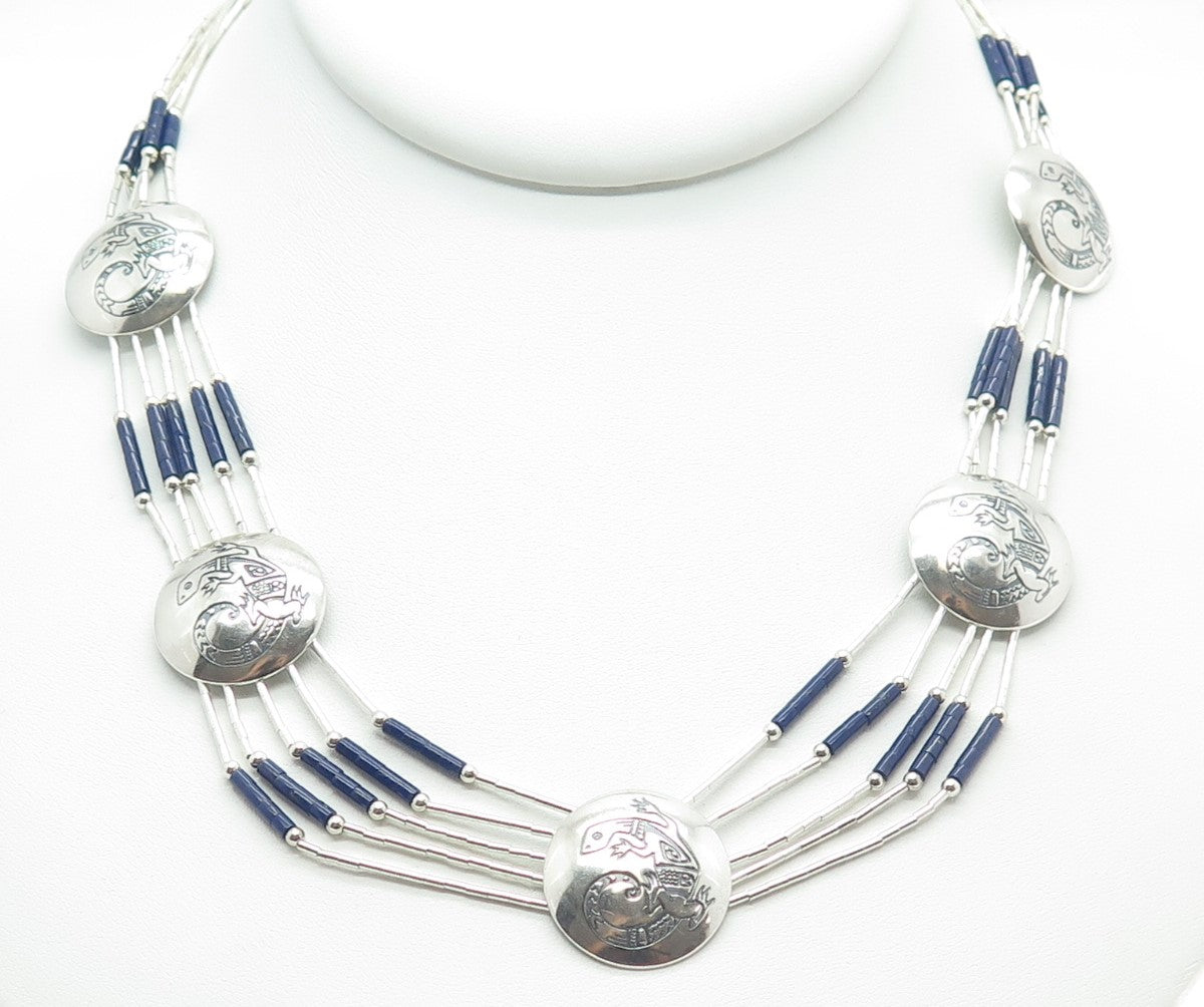 Old Pawn Sterling Silver Lapis Lazuli Lizard Concho 5-Liquid Chain Necklace 20"