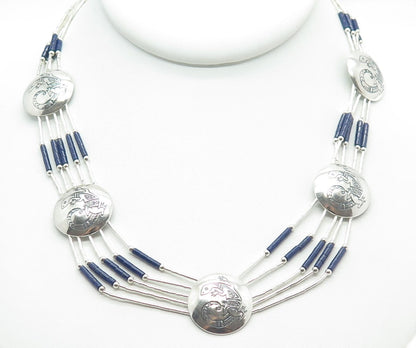 Old Pawn Sterling Silver Lapis Lazuli Lizard Concho 5-Liquid Chain Necklace 20"