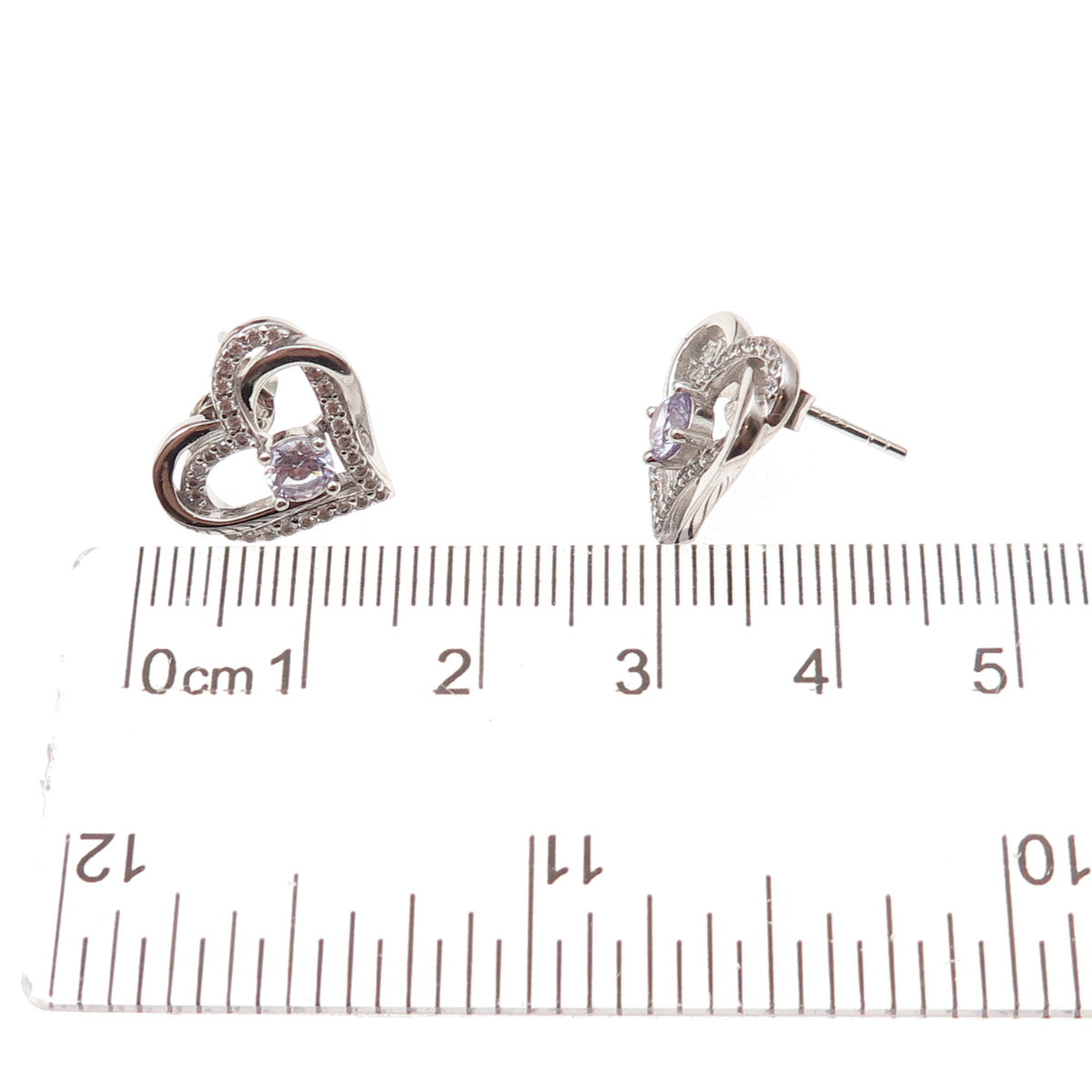 925 Sterling Silver Round-Cut White & Purple C Z Double Heart Stud Earrings