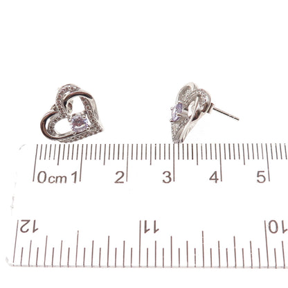 925 Sterling Silver Round-Cut White & Purple C Z Double Heart Stud Earrings