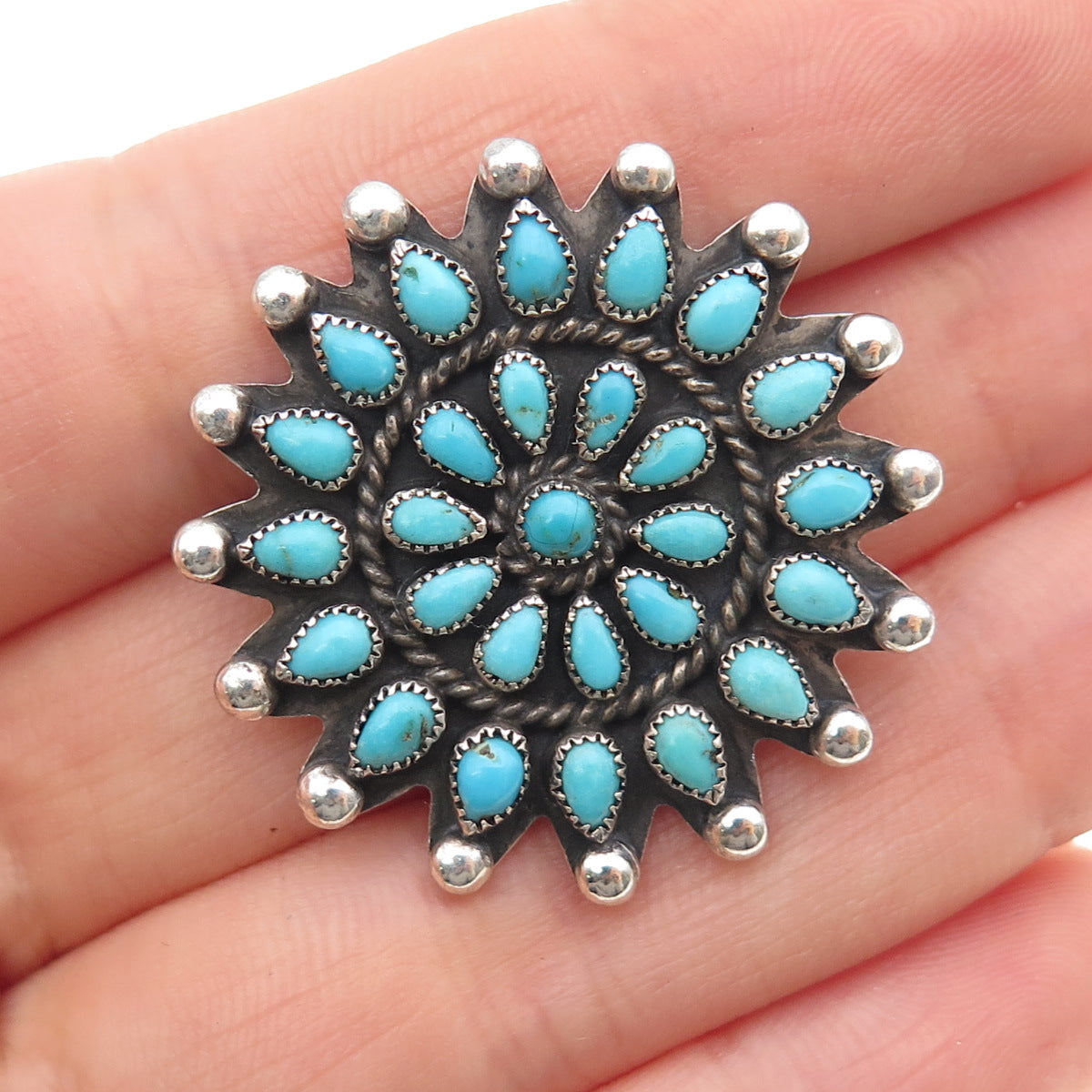 Old Pawn 925 Sterling Silver Vintage Southwestern Turquoise Flower Pin Brooch