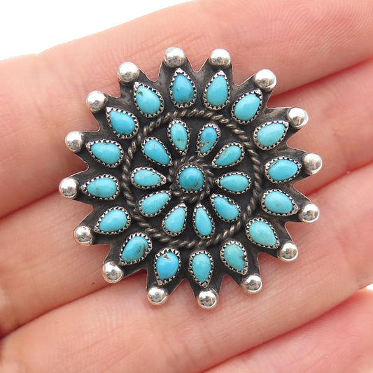 Old Pawn 925 Sterling Silver Vintage Southwestern Turquoise Flower Pin Brooch