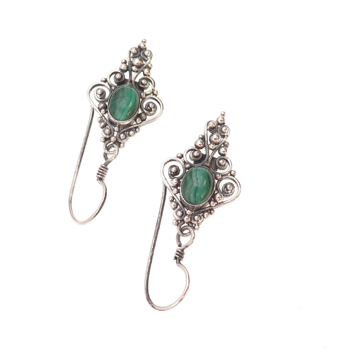 925 Sterling Silver Vintage Real Malachite Oxidized Beaded Dangle Earrings