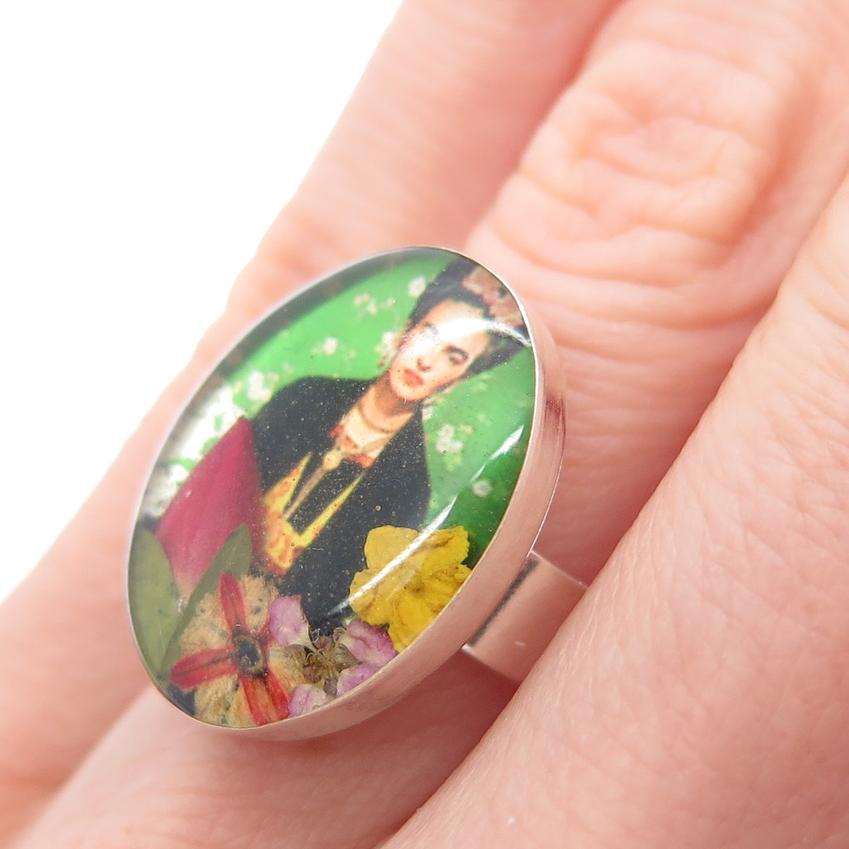 925 Sterling Silver Vintage Enamel Frida Kahlo Pressed Flowers Ring Size 6