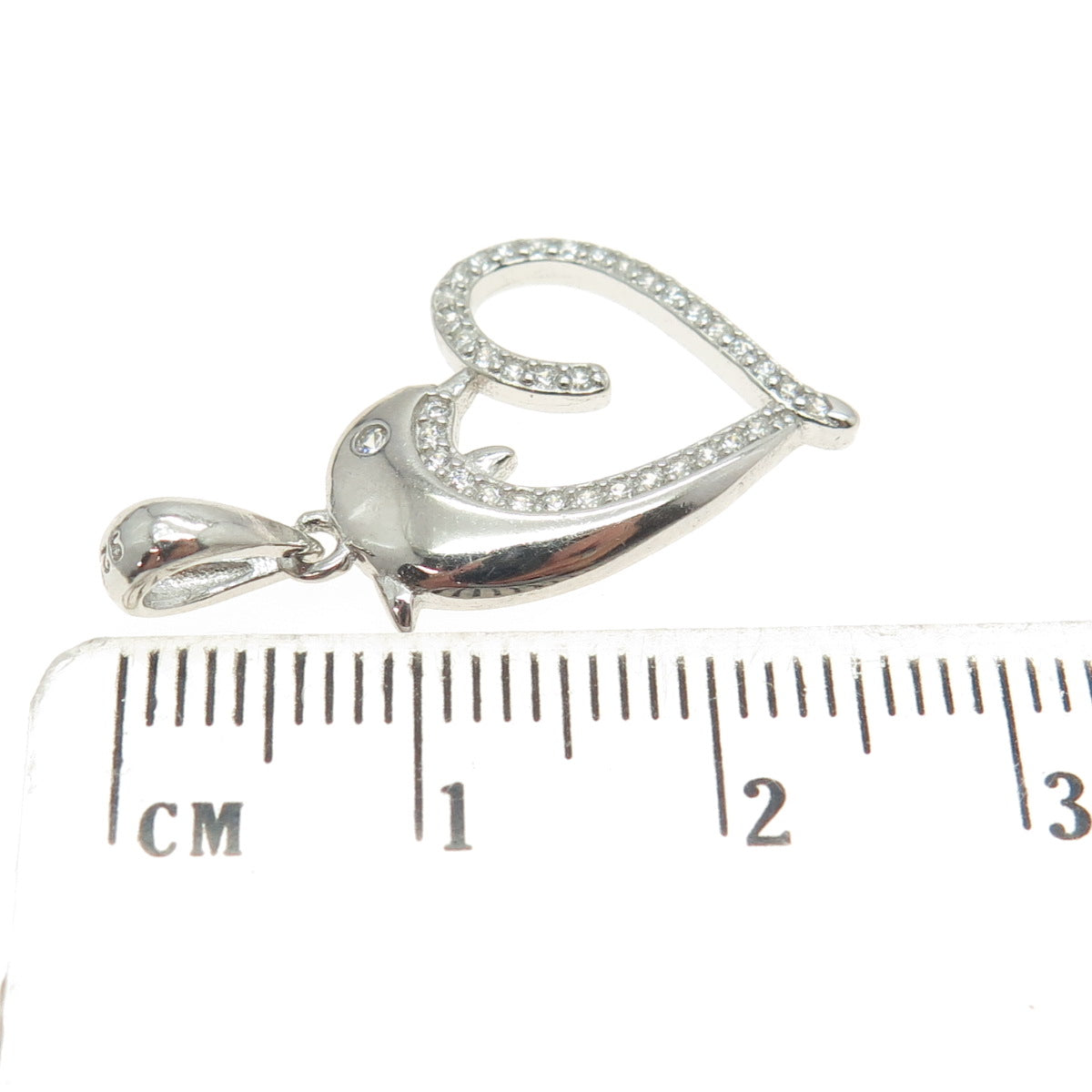 925 Sterling Silver Round-Cut C Z Dolphin Heart Pendant